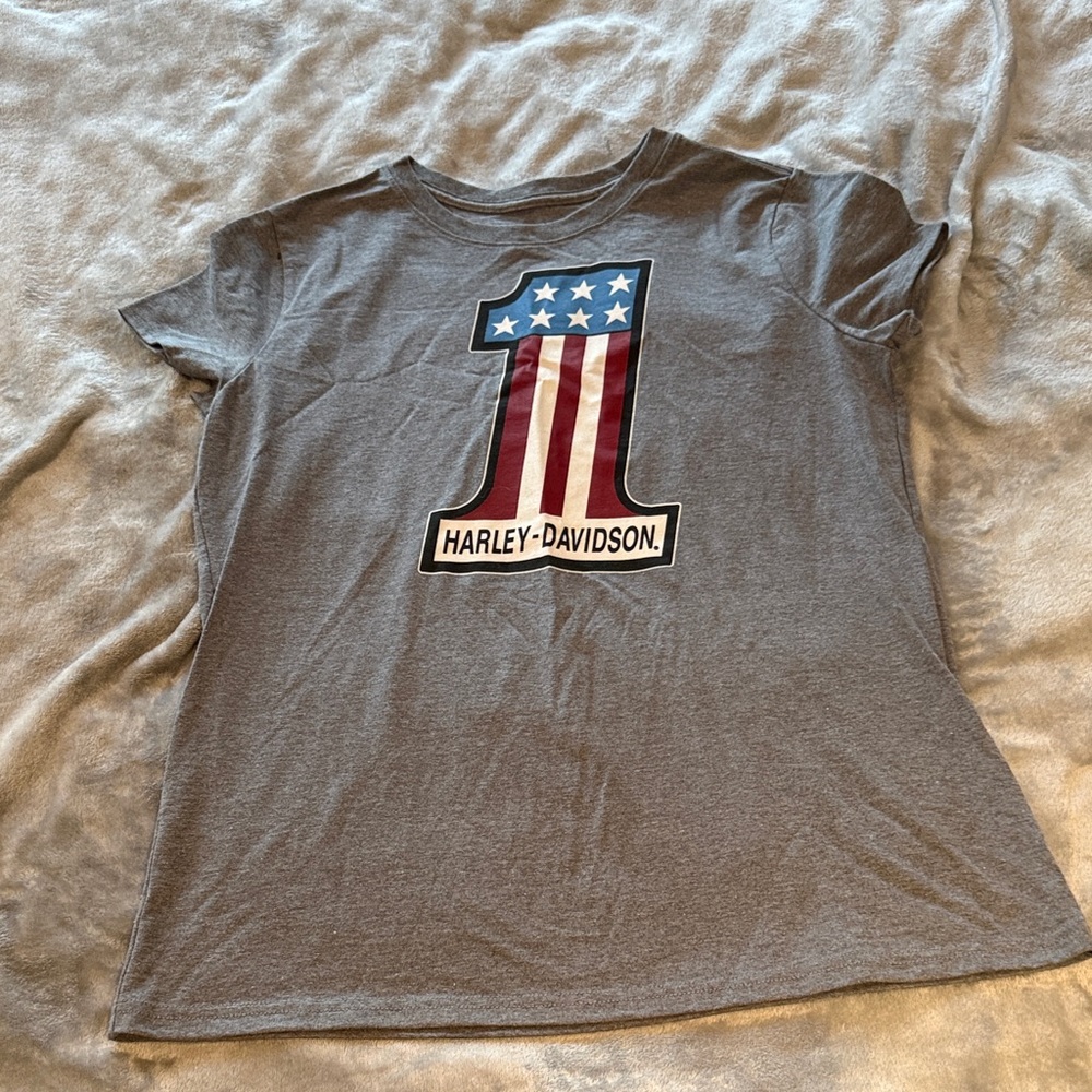 Harley-Davidson W Gray Tee with Patriotic Graphic